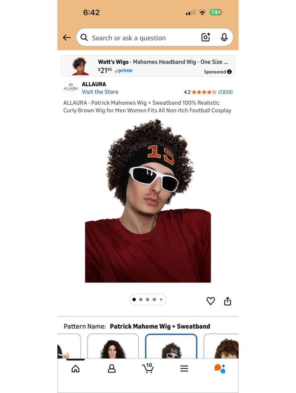 Patrick Mahomes Wig + Sweatband 100% Realistic Curly Brown Wig